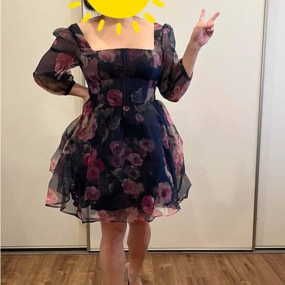 NWOT Lulus Lovely Idea Navy Blue Floral Three-Quarter Sleeve Skater Dress - Picture 11 of 12